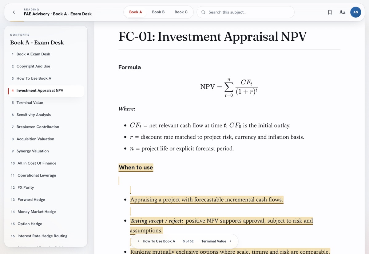 A gold-highlighted passage beside a rendered NPV formula in the Reader